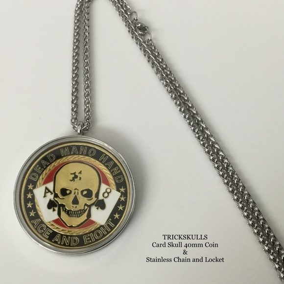 Card Guard Skeleton Skull Enamel Coin Stainless Locket 45-60cm Wheat Link Chain - Picture 8 of 8